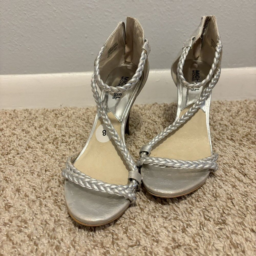 Michael Kors Alexa High Sandal Heel‎ Metallic Silver Leather 8 Dressy Party Prom